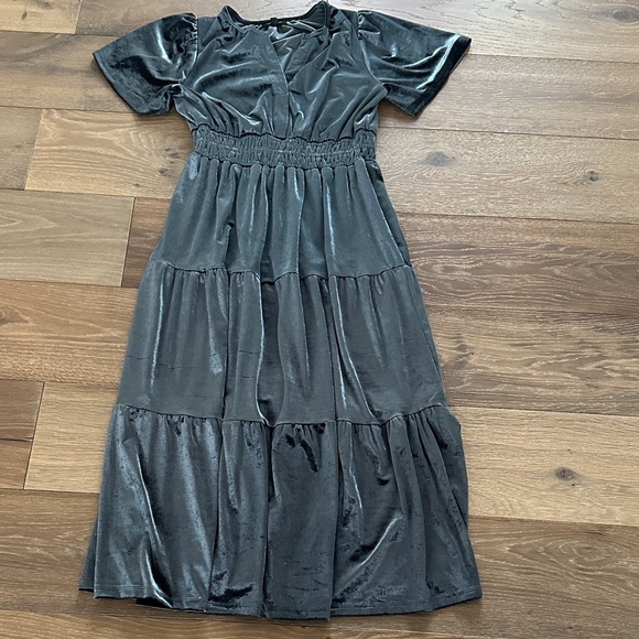 August Sky maxi dress Anthropologie dupe blue dusty velvet look size L - Picture 2 of 5